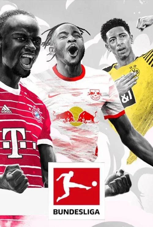 Bundesliga promotional image with soccer players in team jerseys and the league logo, ideal for live soccer streaming and sports entertainment.