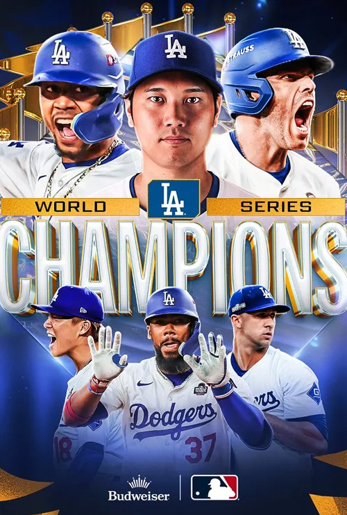 Dodgers World Series Champions promotional image with baseball players and championship text, ideal for sports streaming and highlights content.