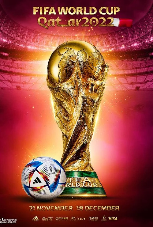 FIFA World Cup Qatar 2022 poster with the tournament trophy and match ball, ideal for football streaming and sports highlights content.