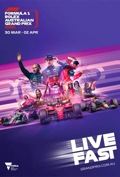 Formula 1 Australian Grand Prix promotional image with racing cars and drivers, ideal for live motorsport streaming and race-day entertainment.