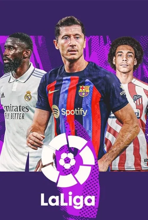 LaLiga promotional image with soccer players in club jerseys, ideal for live soccer streaming and sports entertainment.