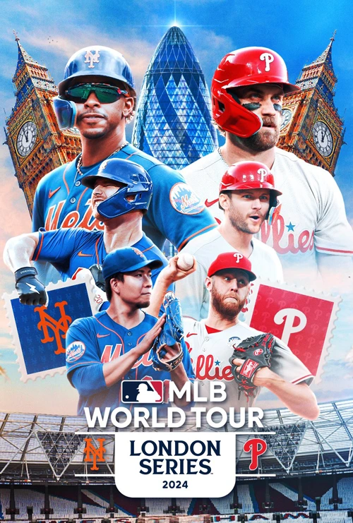 MLB World Tour London Series promotional image with baseball players and London landmarks, ideal for live baseball streaming and sports entertainment.