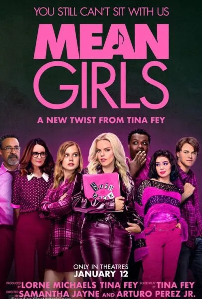 Mean Girls movie poster with a pink fashion theme and cast lineup, ideal for comedy movie streaming and online entertainment.