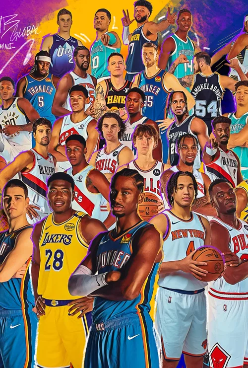NBA Stars collage with multiple basketball players in team jerseys, ideal for live basketball streaming and sports entertainment.