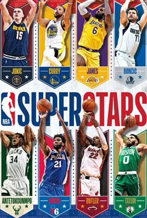 NBA Superstars poster with top basketball players including Jokic, Curry, James, and Doncic, ideal for basketball streaming and sports entertainment.