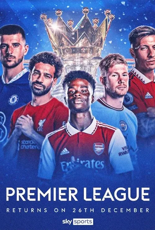 Premier League promotional image with soccer players and a trophy, ideal for live football streaming and sports entertainment.