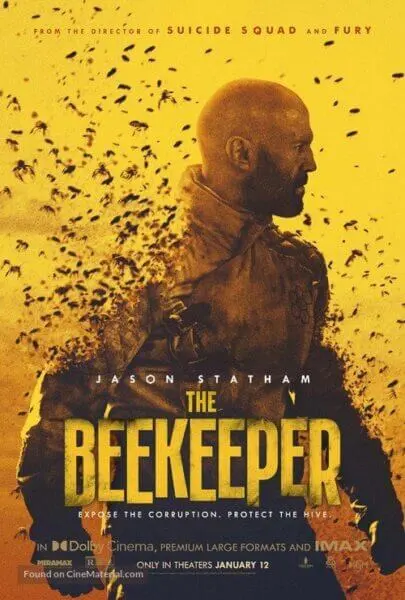 The Beekeeper movie poster featuring Jason Statham surrounded by bees, ideal for action thriller streaming and online entertainment.