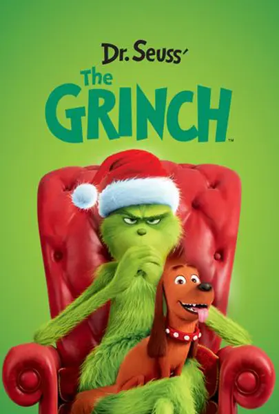 The Grinch animated movie poster with the green character in a Santa hat and his dog, ideal for holiday movie streaming and family entertainment.