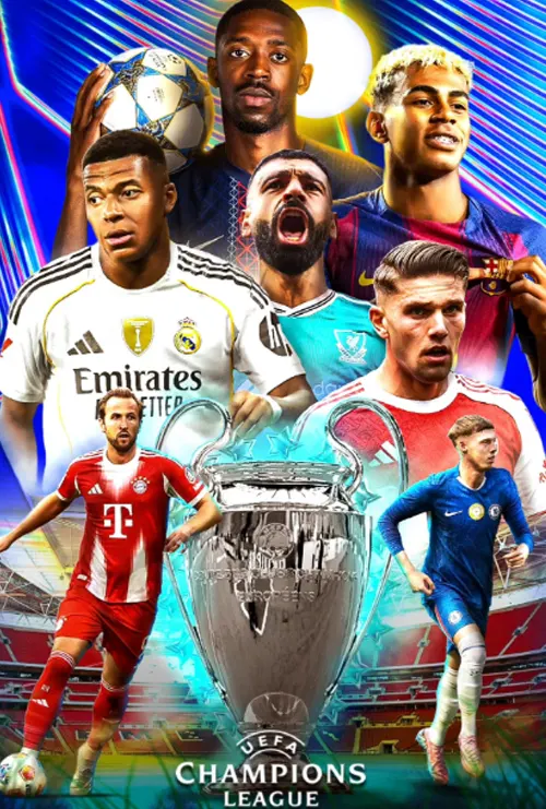 UEFA Champions League players collage with a trophy and stadium backdrop, ideal for live football streaming and sports entertainment.