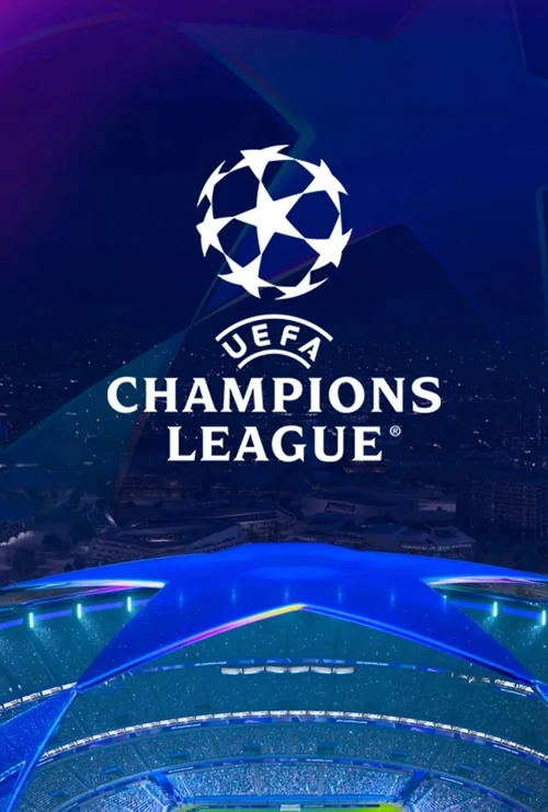 UEFA Champions League logo over a stadium scene, ideal for live football streaming and sports entertainment.