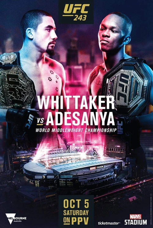 UFC 243 Whittaker vs. Adesanya promotional image with two championship fighters, ideal for MMA streaming and fight-night entertainment.