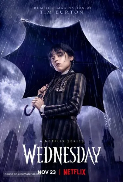 Wednesday Netflix series poster with a gothic umbrella scene, ideal for mystery series streaming and online entertainment.